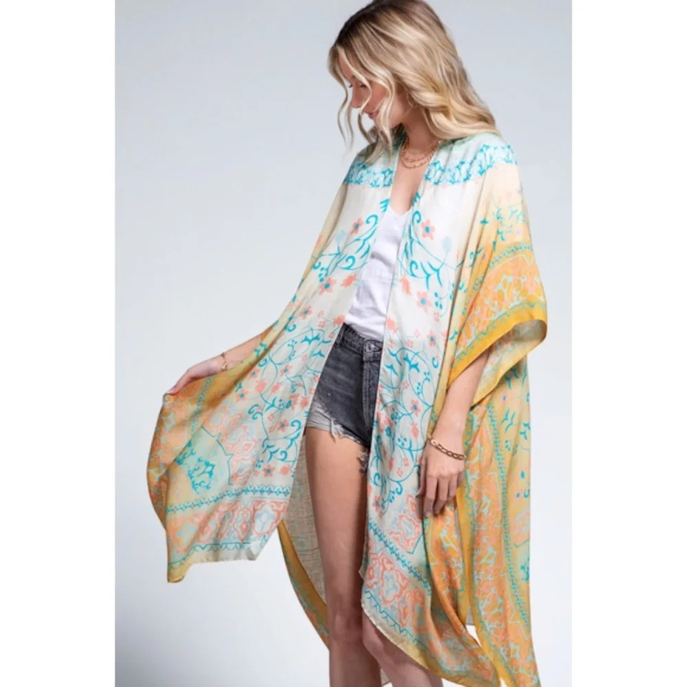 SOLD OUT Amelia Floral Mandala Motif Ombre Spring Summer Kimono Wrap Coverup Top - Picture 3 of 5